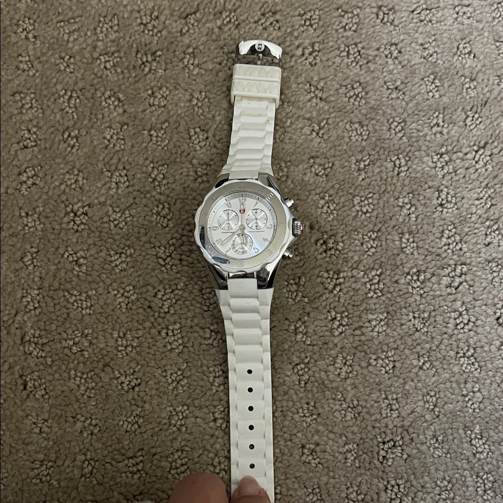 Michele Stainless Steel Watch with White Strap